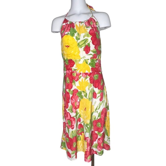 Ann Taylor Loft Silk Halter Dress Size 12‎ Tropical Floral Open Back Pink Yellow - Picture 1 of 10